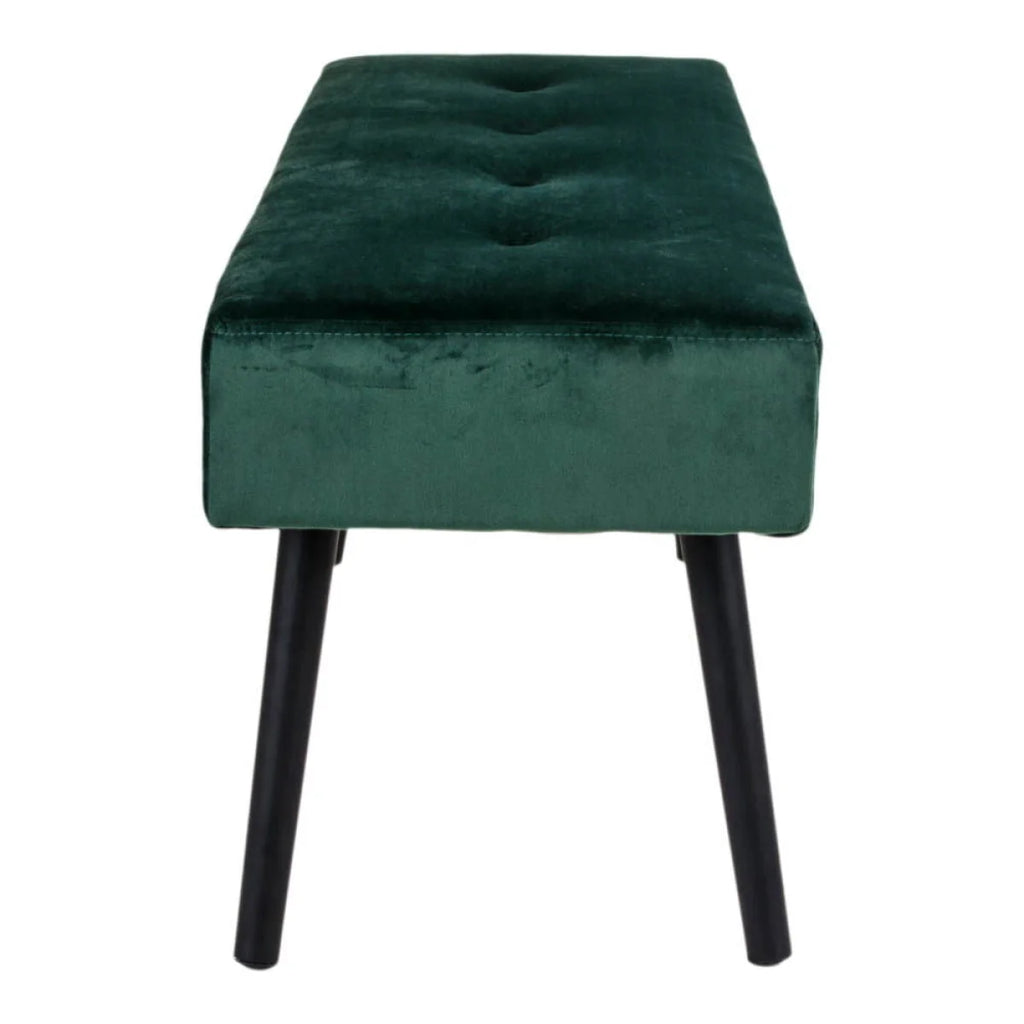 Banc rectangulaire en velours vert émeraude capitonné, pieds noirs 100x35 cm