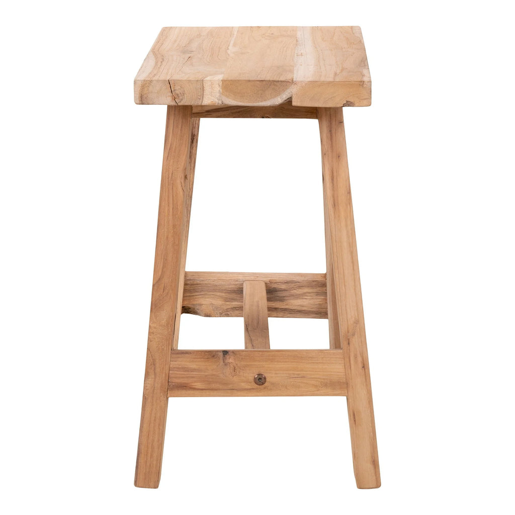 Tabouret de bar en teck massif, finition naturelle rustique, grain visible, 50x25 cm