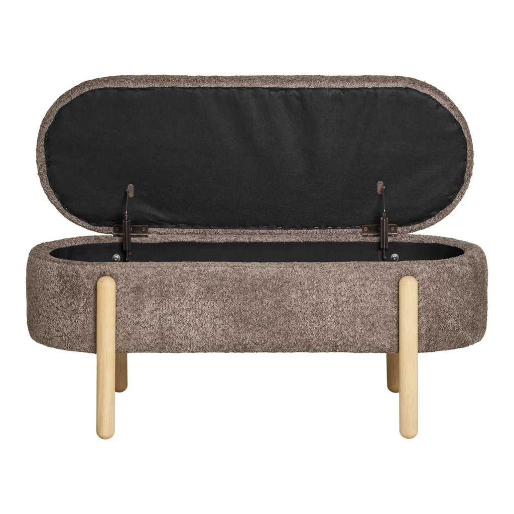 Banc de rangement en bouclé taupe ovale, pieds bois clair, 98x41 cm