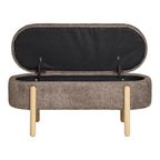 Banc de rangement en bouclé taupe ovale, pieds bois clair, 98x41 cm