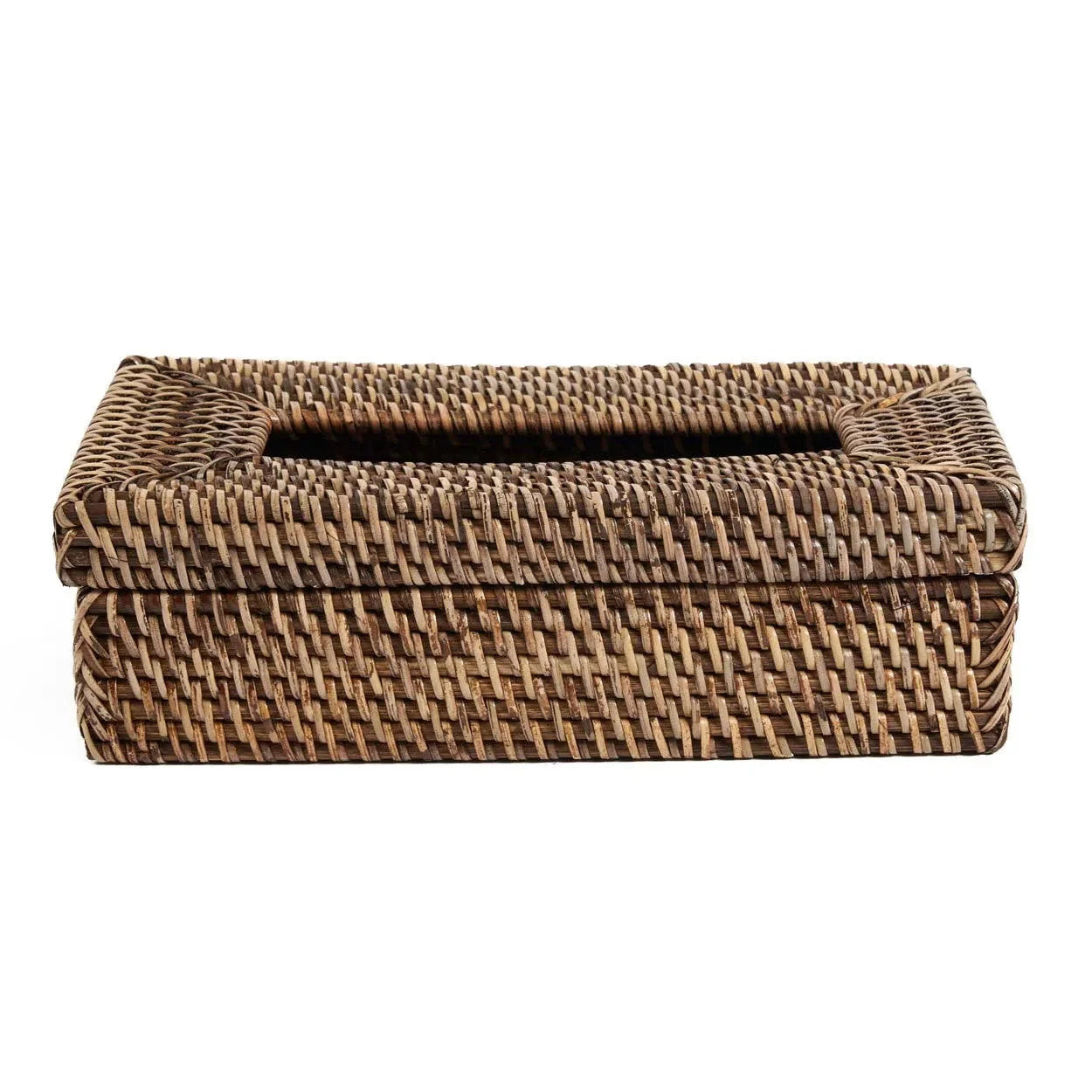 Boîte à mouchoirs en rotin tressé brun naturel rectangulaire avec essuie-tout blanc