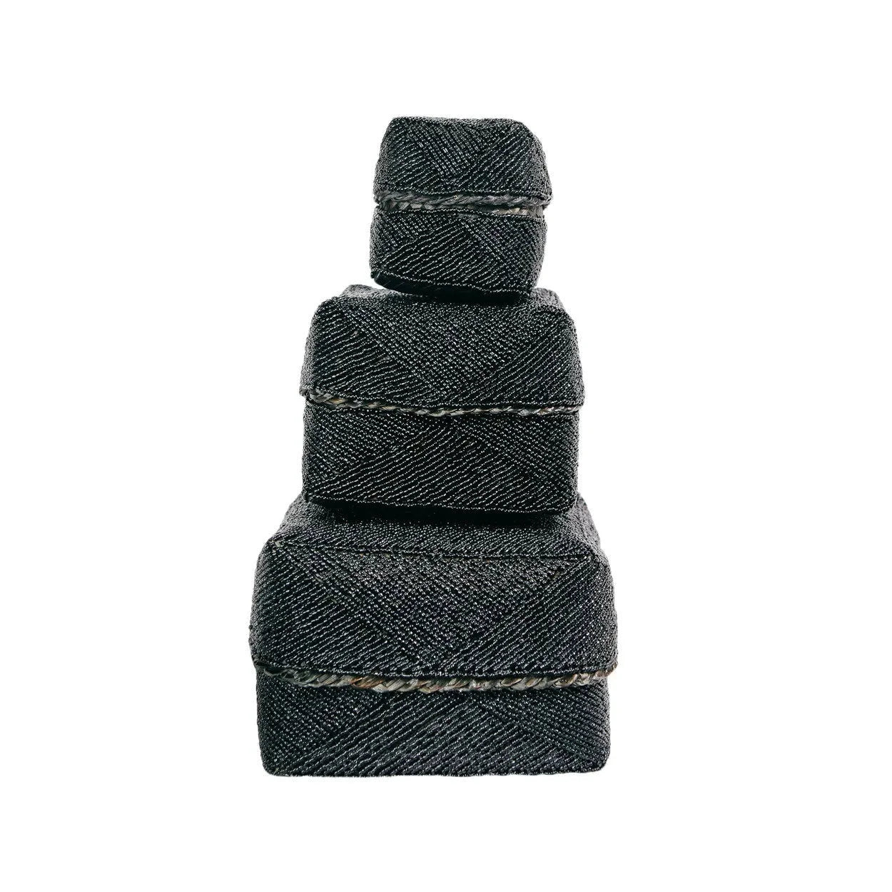 Boîte décorative perlée noire en bambou motifs chevrons avec couvercle