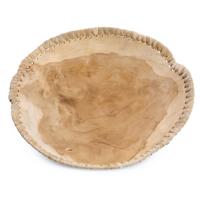 Bol décoratif en bois de teck naturel bord tressé en raphia – Ø30 cm