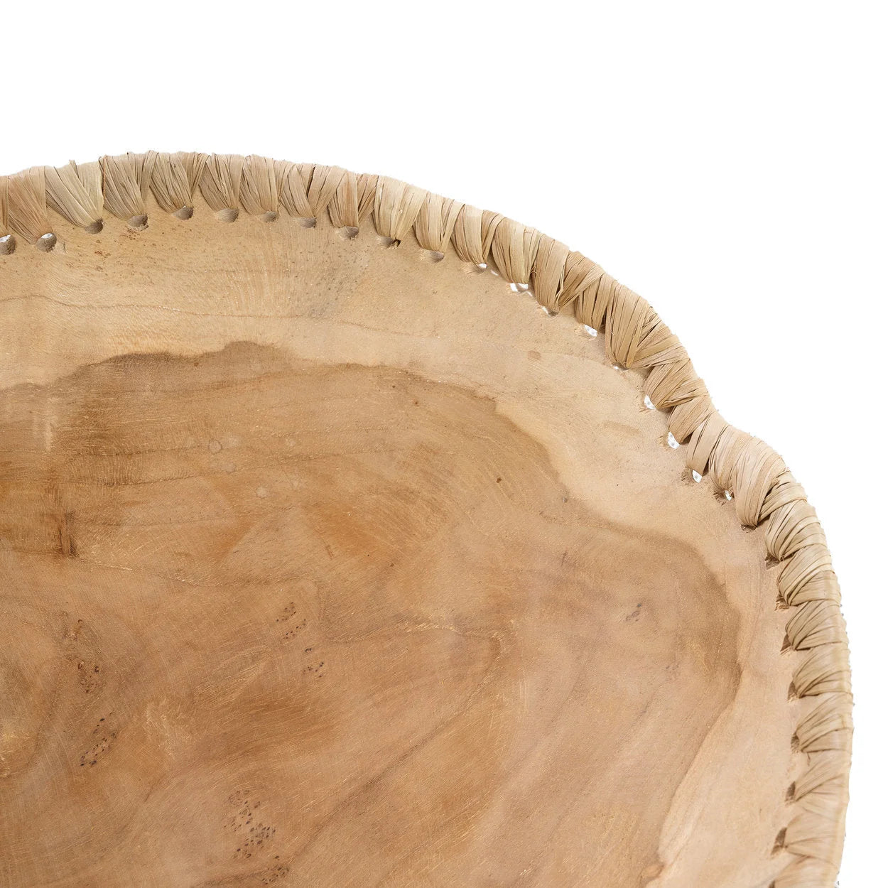 Bol décoratif en bois de teck naturel avec bord tressé en raphia Ø30 cm