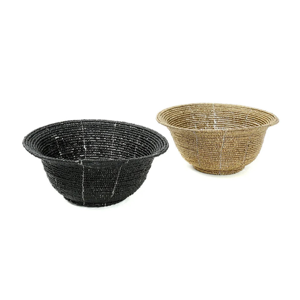 Bol décoratif rond en perles noires tressées avec motif lignes blanches, noir et or