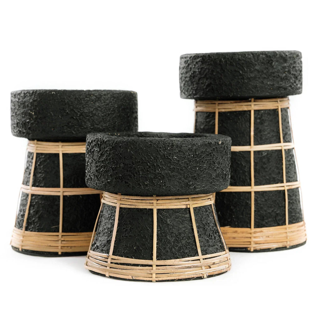 Bougeoir en terre cuite et rotin noir 12 cm avec mortier en pierre noire
