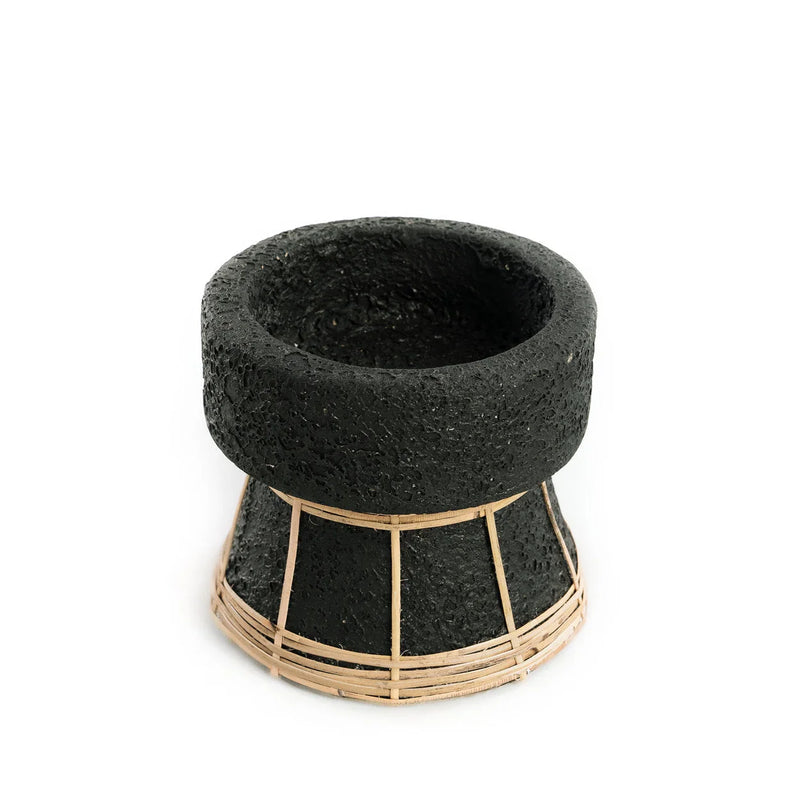 Bougeoir en terre cuite et rotin noir 12 cm