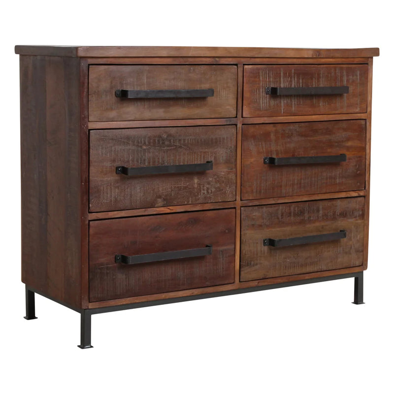 Buffet en bois recyclé brun à 6 tiroirs poignées métal – 116x46 cm