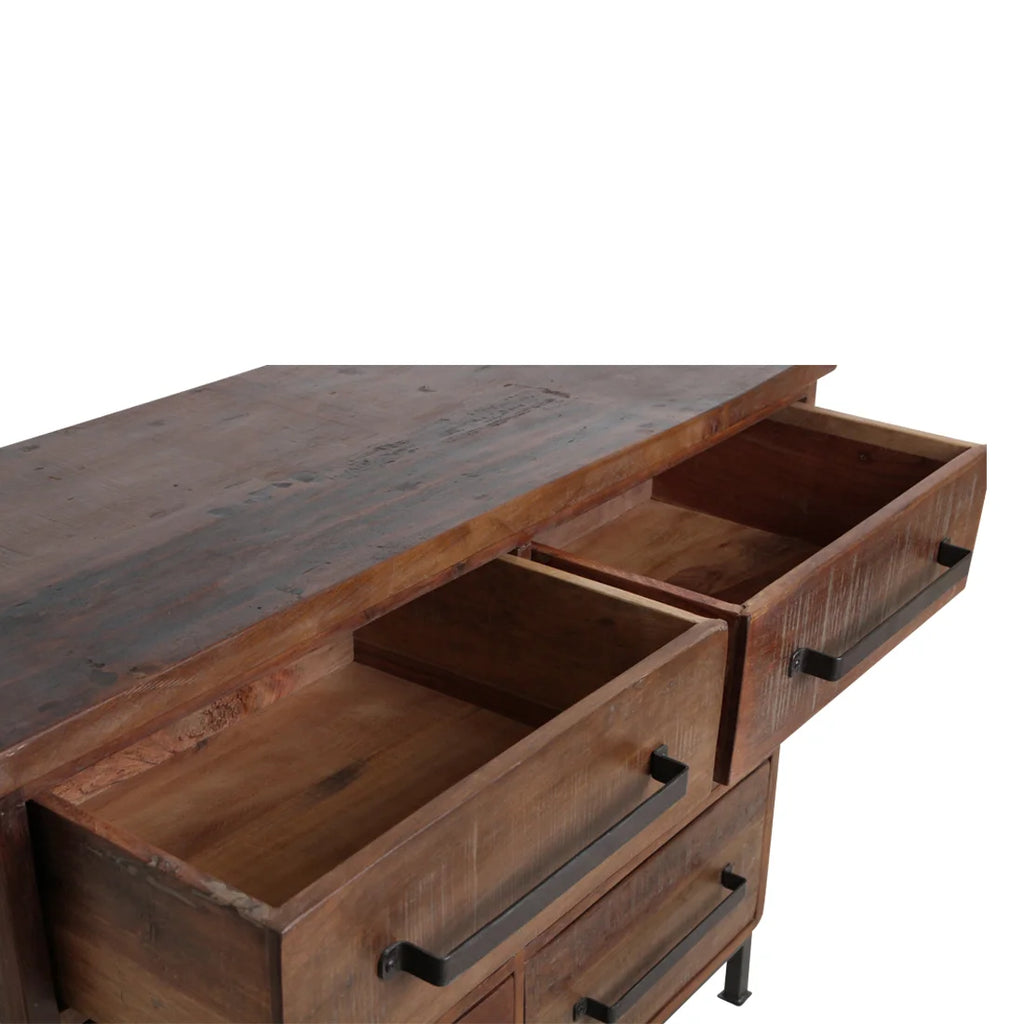 Buffet en bois recyclé brun à 6 tiroirs avec poignées métal noir, 116x46 cm