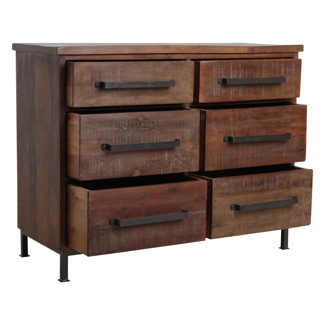 Buffet en bois recyclé brun à 6 tiroirs poignées métal 116x46 cm