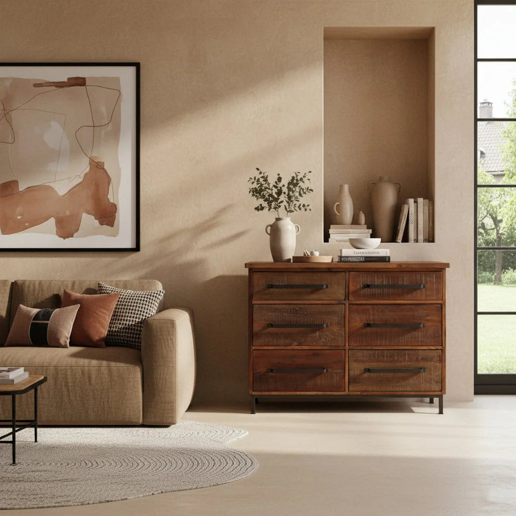 Buffet en bois recyclé brun à 6 tiroirs et poignées métal, 116x46 cm