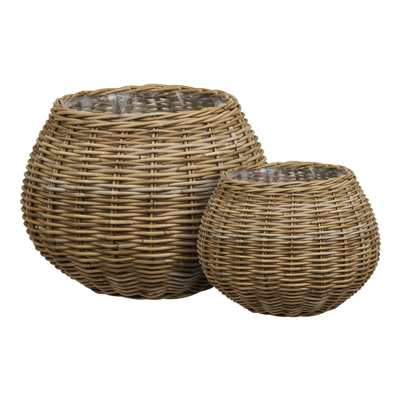 Cache-pot rond en rotin tressé naturel avec doublure imperméable – Set de 2