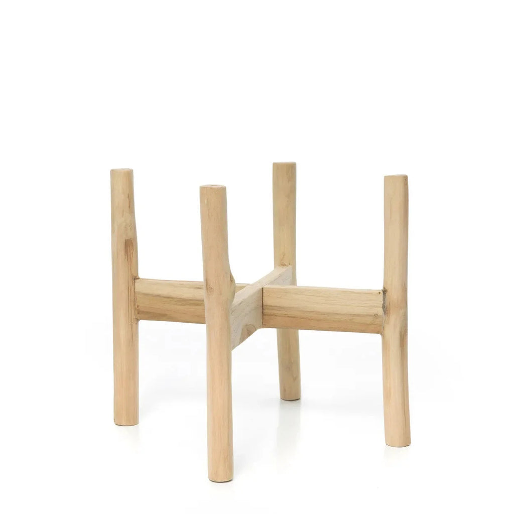 Support de plante en bois clair avec quatre pieds et base croisée pour Cache-pot en terre cuite et teck H36 cm béton naturel