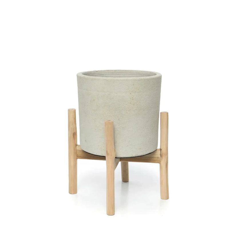 Cache-pot en terre cuite et teck H36 cm béton naturel