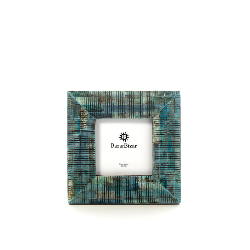Cadre photo bohème en os turquoise 17x17 cm