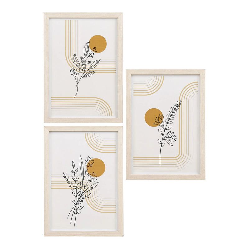 Cadres déco murale bois clair et motifs graphiques – Set de 3