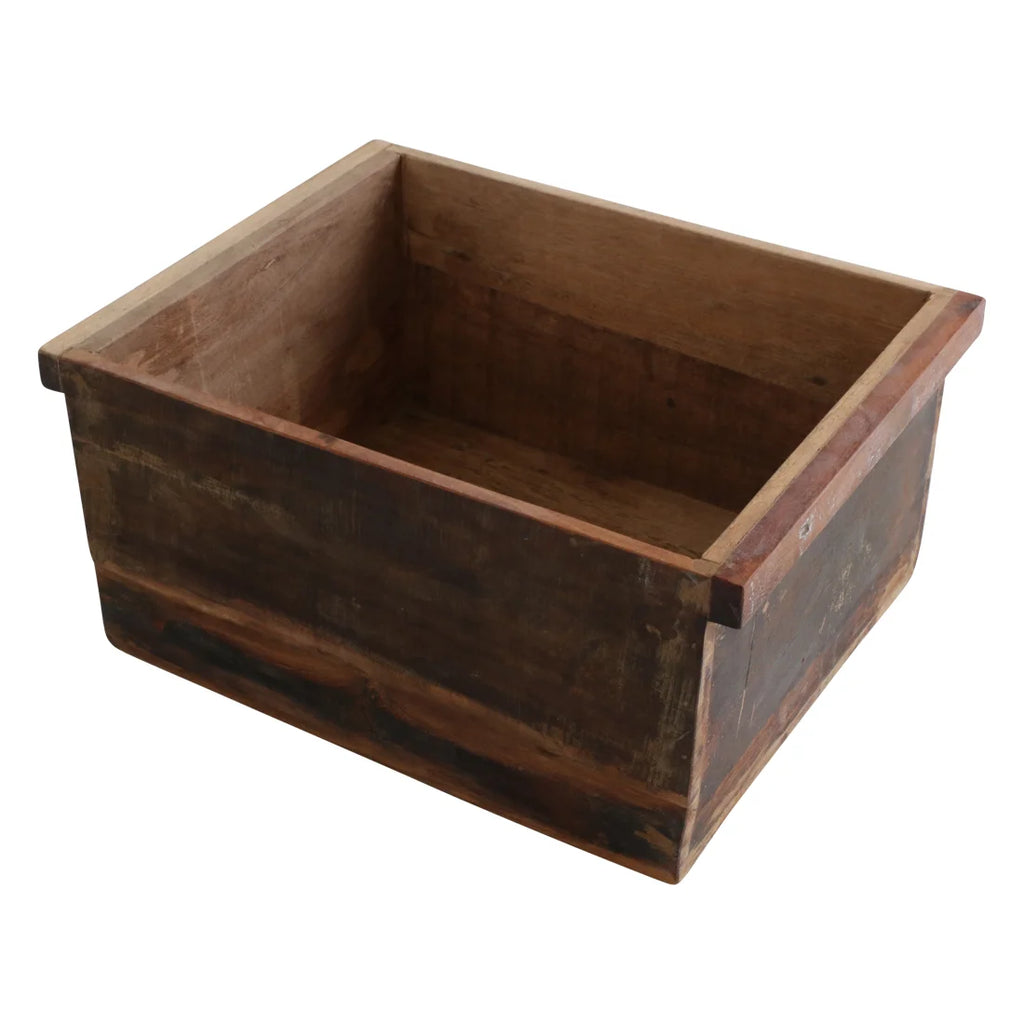 Caisse de rangement bois recyclé brun 42x20 cm, grain visible et poignées solides