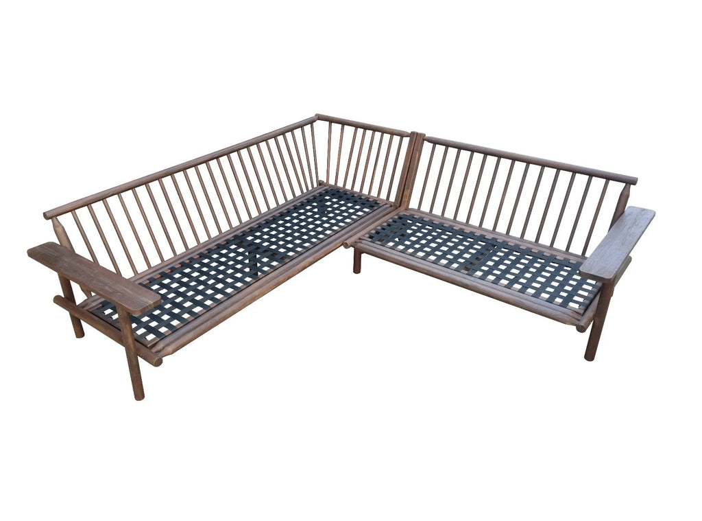 Canapé d’angle en acacia foncé avec coussins écru modulable extérieur