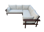 Canapé d’angle extérieur en acacia foncé avec coussins écru modulables