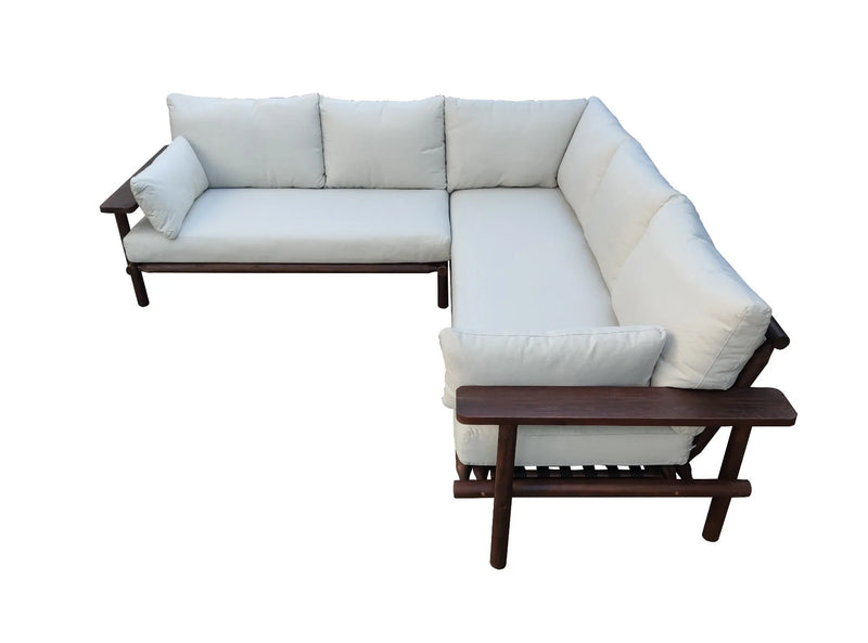 Canapé d’angle en acacia foncé coussins écru modulable extérieur – Set de 2