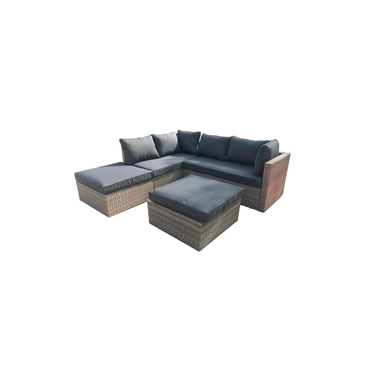 Canapé d’angle extérieur en résine tressée grise avec coussins anthracite