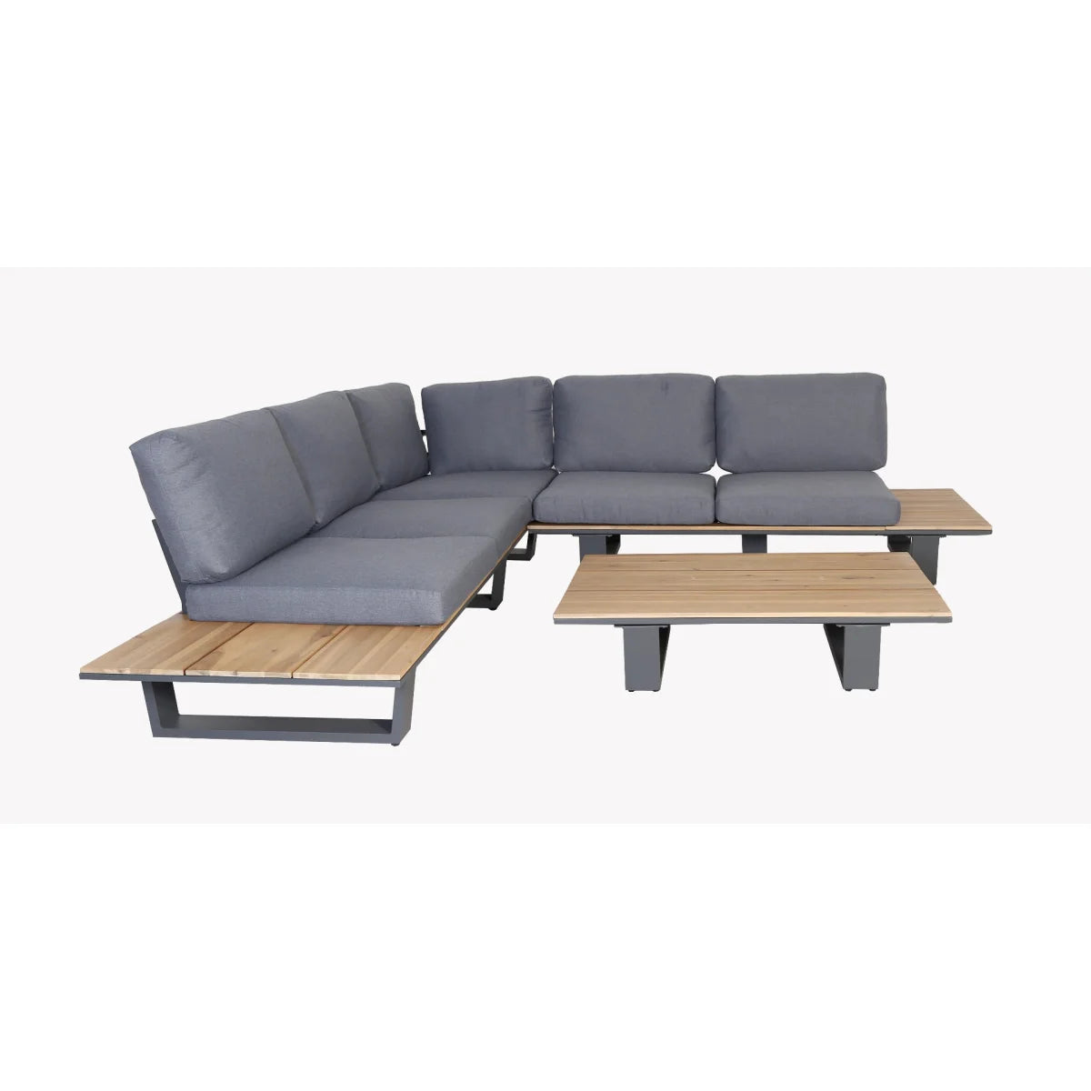 Canapé d’angle jardin métal anthracite bois naturel gris coussins