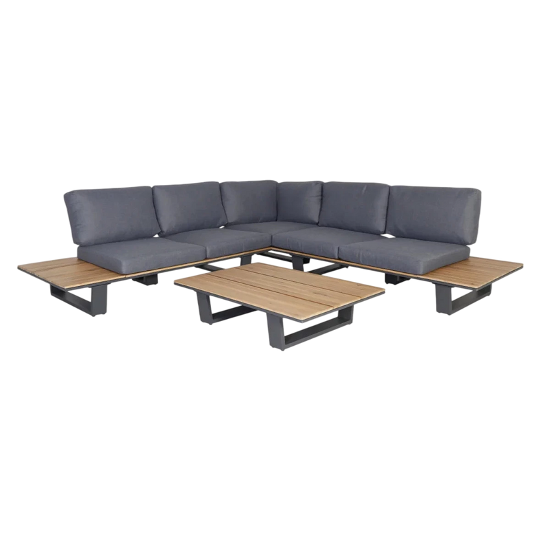 Canapé d’angle de jardin métal anthracite et bois naturel avec table – Set de 3