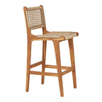 Chaise de bar en teck naturel avec dossier ajouré en corde tressée, H94 cm