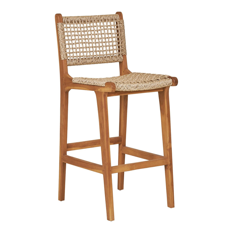 Chaise de bar en teck et corde tressée dossier ajouré naturel – H94 cm