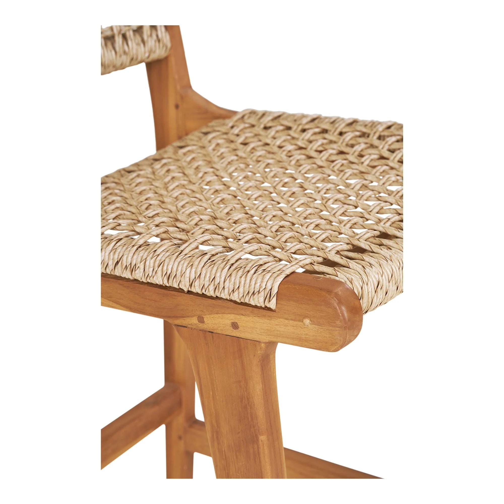 Chaise de bar en teck naturel avec dossier ajouré en corde tressée, H94 cm