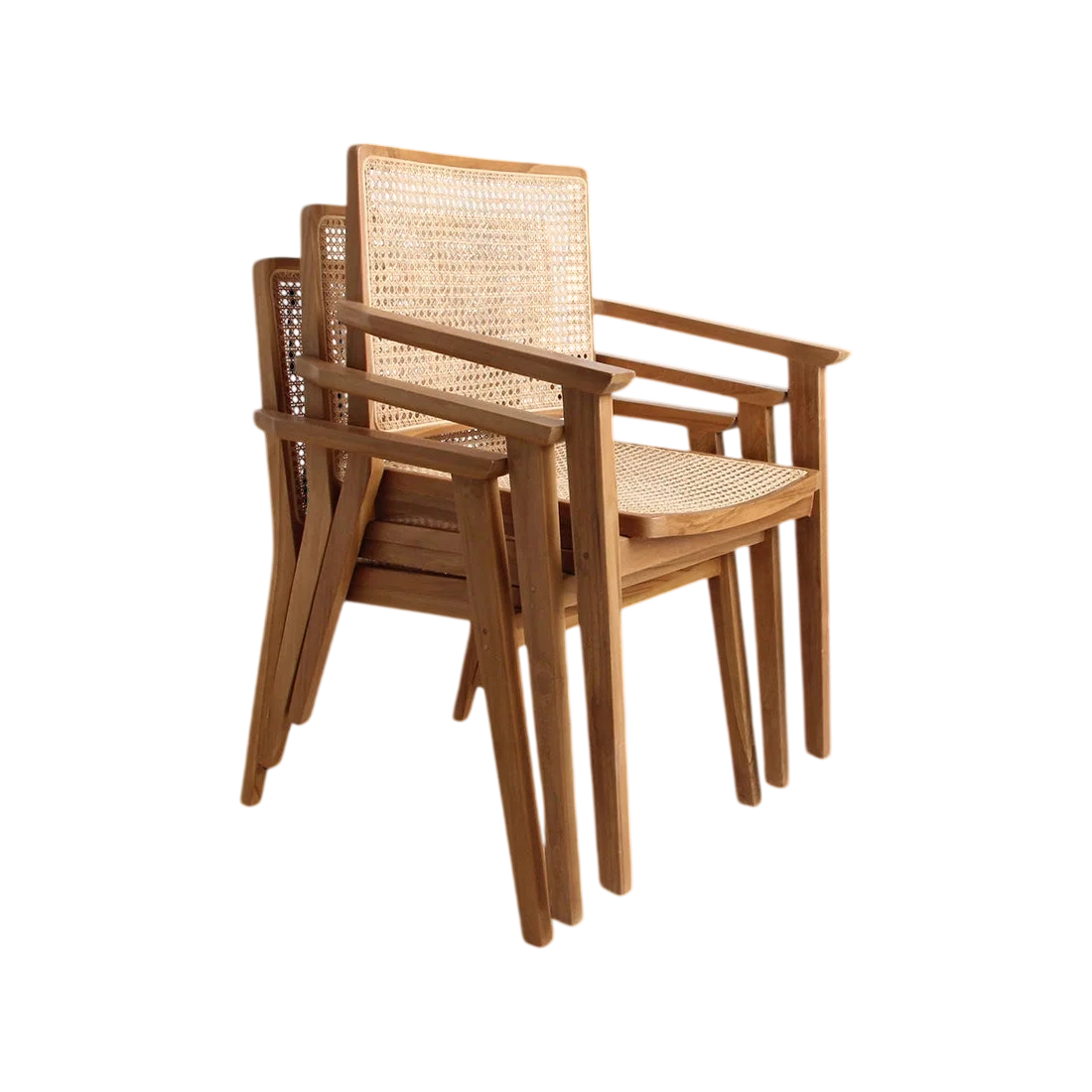 Ensemble de 3 chaises en bois clair et cannage avec accoudoirs