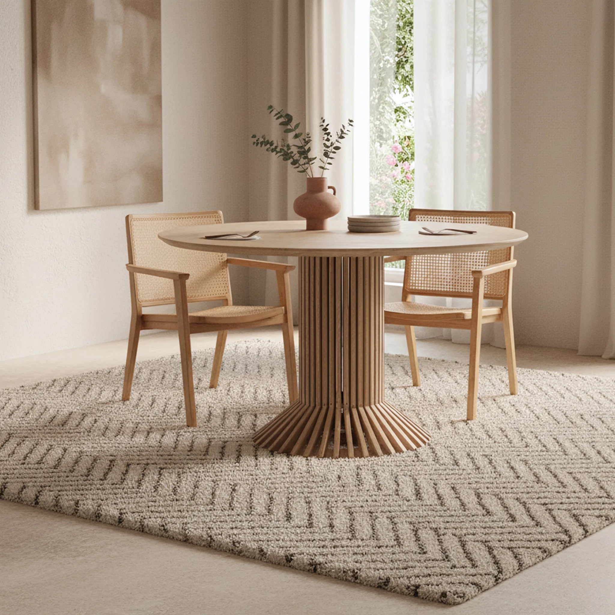 Table ronde en bois avec base à cannelures et plateau lisse