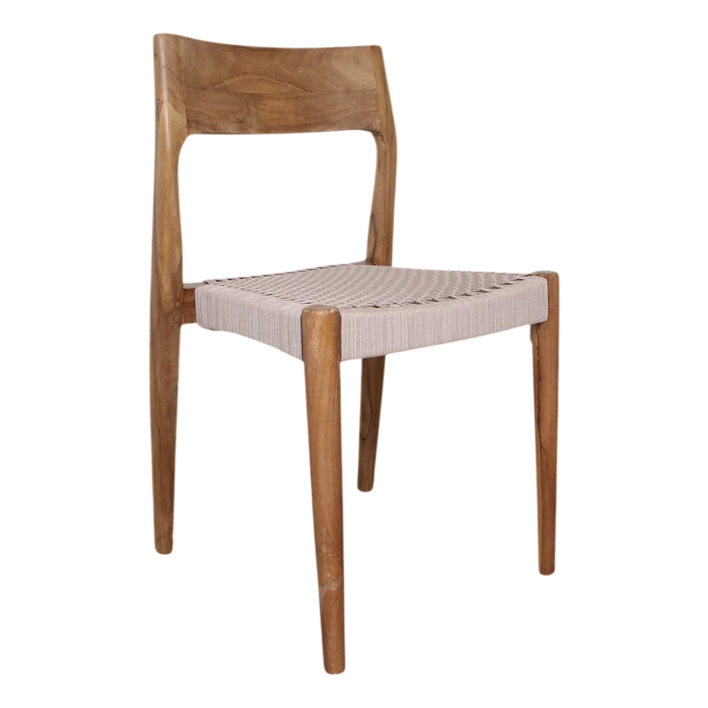 Chaise en bois de teck naturel avec assise tressée beige, set de 2