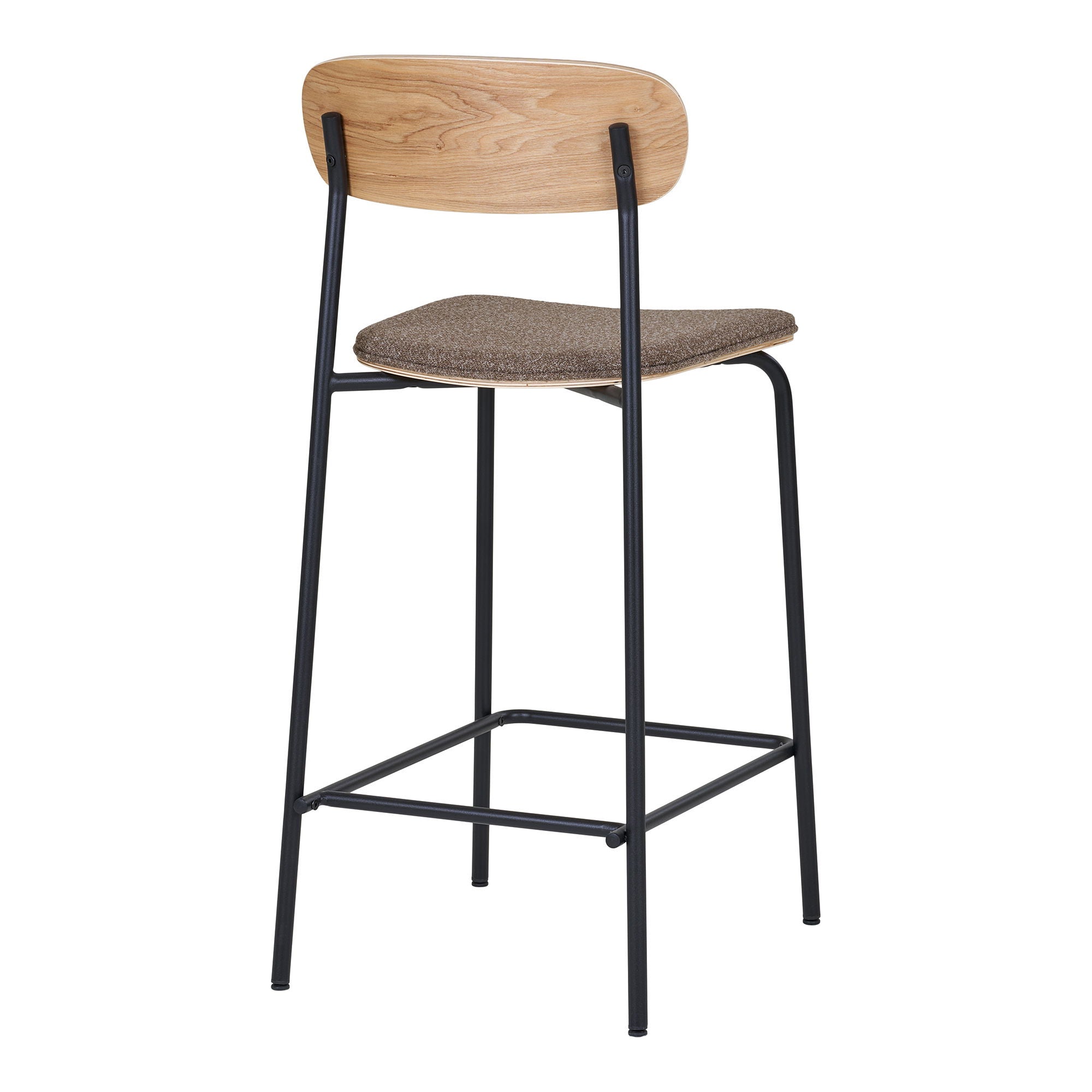 Tabouret de bar moderne en bois clair, siège marron tissu, pieds métal noir - lot de 2