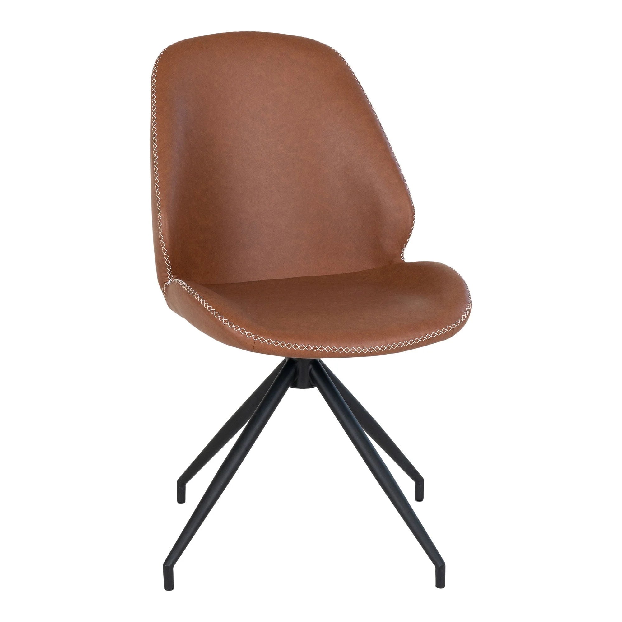Chaise en cuir cognac effet, dossier arrondi, pieds métal noir, lot de 2