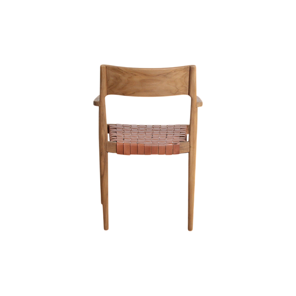 Chaise de salle à manger en teck et cuir tressé naturel avec accoudoirs, lot de 2