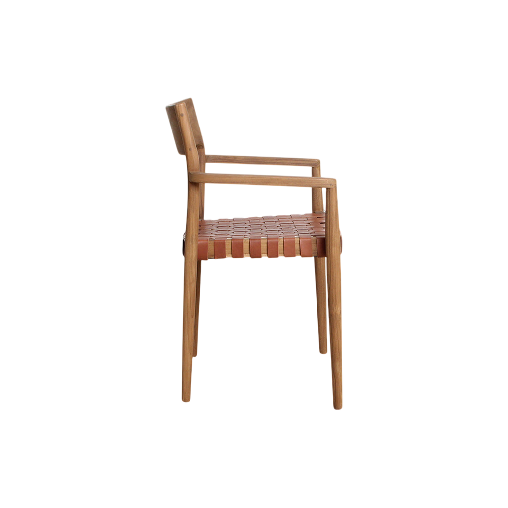 Chaise de salle à manger en teck et cuir tressé, lot de 2 avec accoudoirs