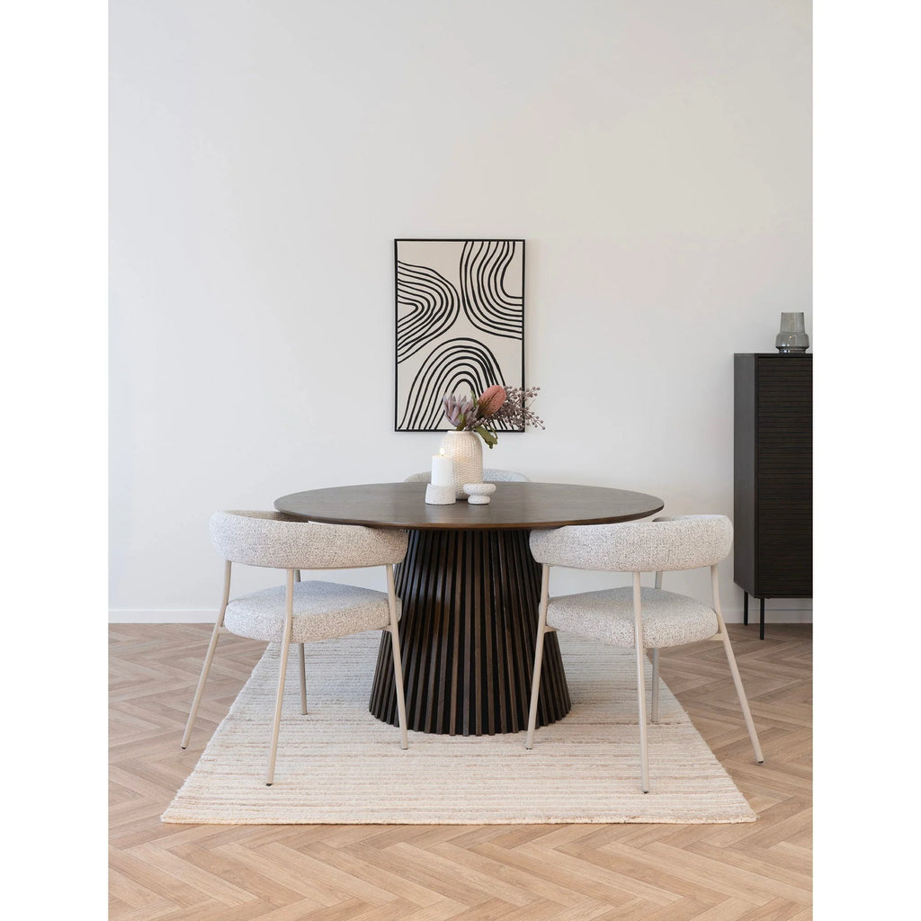 Table ronde en bois sombre sur piétement noir cannelé
