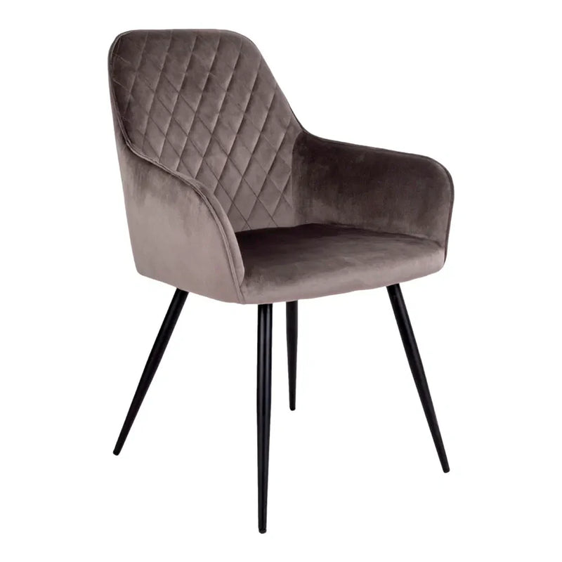 Chaise de salle à manger en velours taupe matelassé avec pieds en métal noir – Set de 2