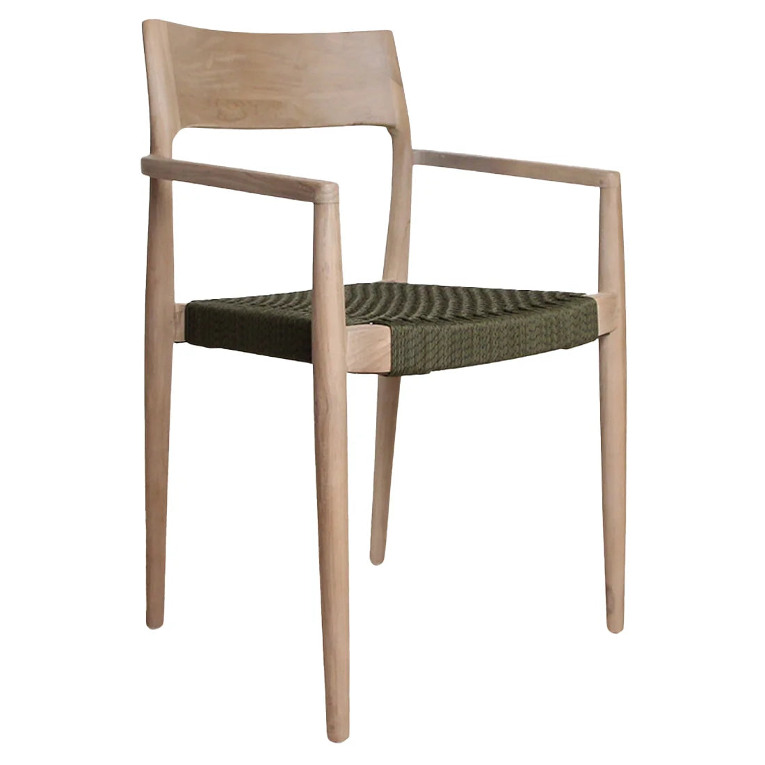Chaise en teck clair et corde vert olive avec accoudoirs, lot de 2