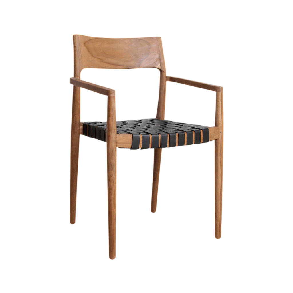 Chaise en teck et cuir noir avec accoudoirs tressés, lot de 2