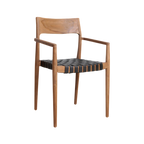 Chaise en teck et cuir noir avec accoudoirs tressés, lot de 2