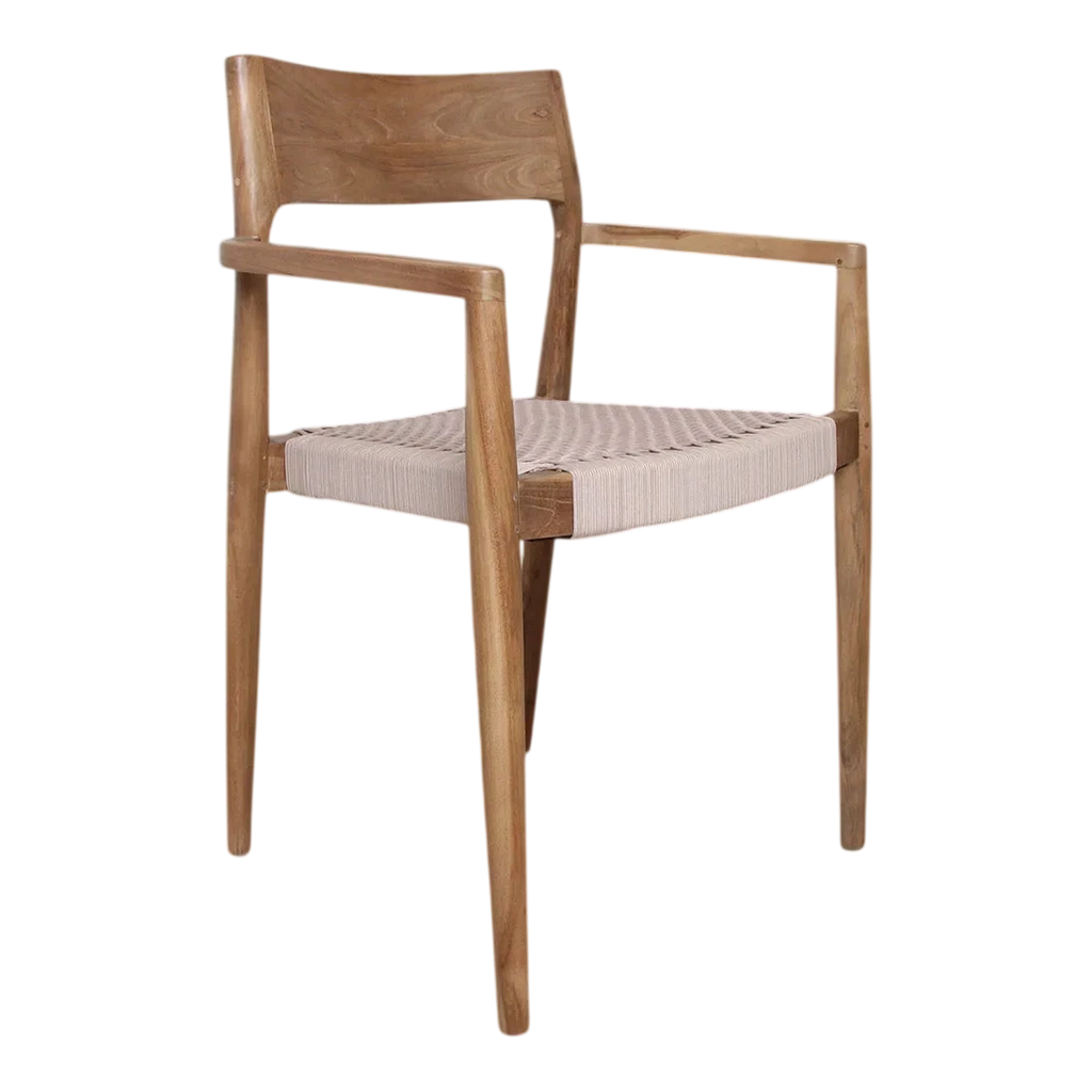 Chaise en teck naturel avec accoudoirs et assise corde beige, lot de 2