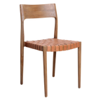 Chaise minimaliste en teck et cuir tressé cognac, lot de 2