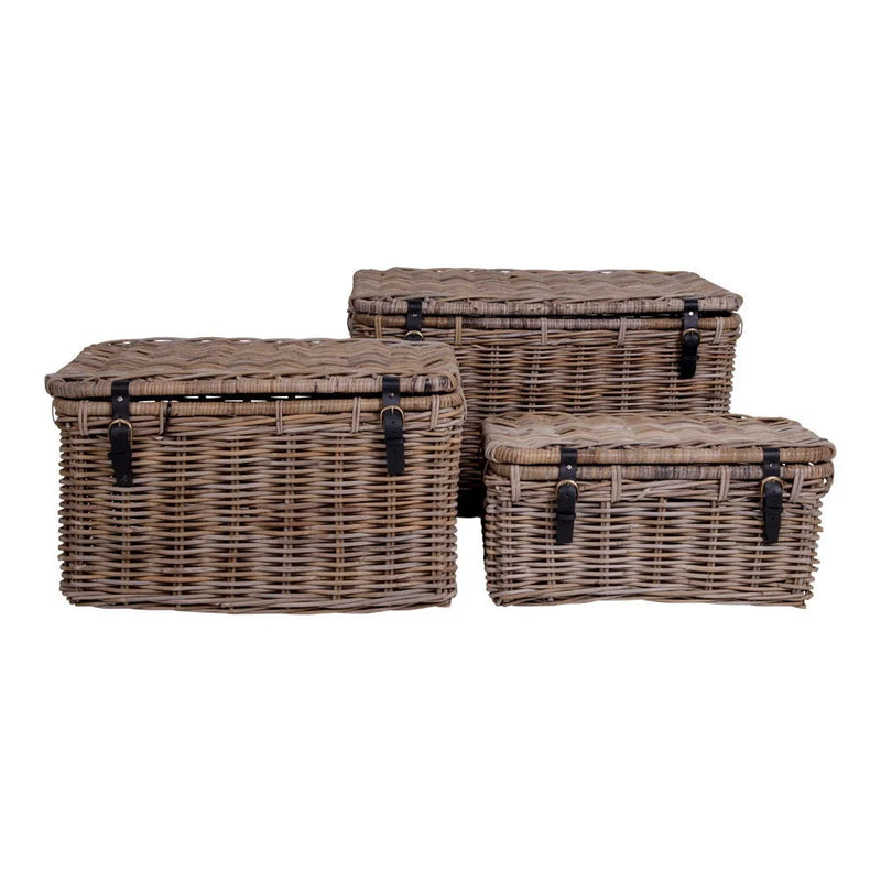 Coffres en rotin Kubu gris avec poignées cuir – Lot de 3