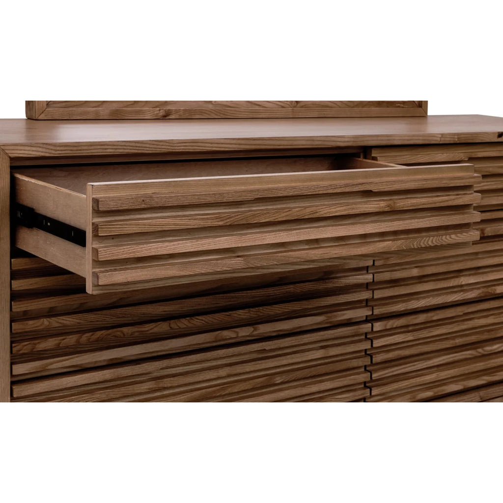 Commode en frêne massif lattes horizontales finition roux 173x46 cm