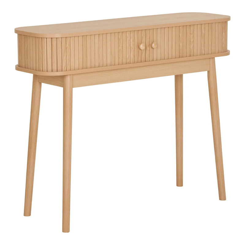 Console 2 tiroirs en bois naturel avec portes rainurées et pieds fuselés – 100x30 cm