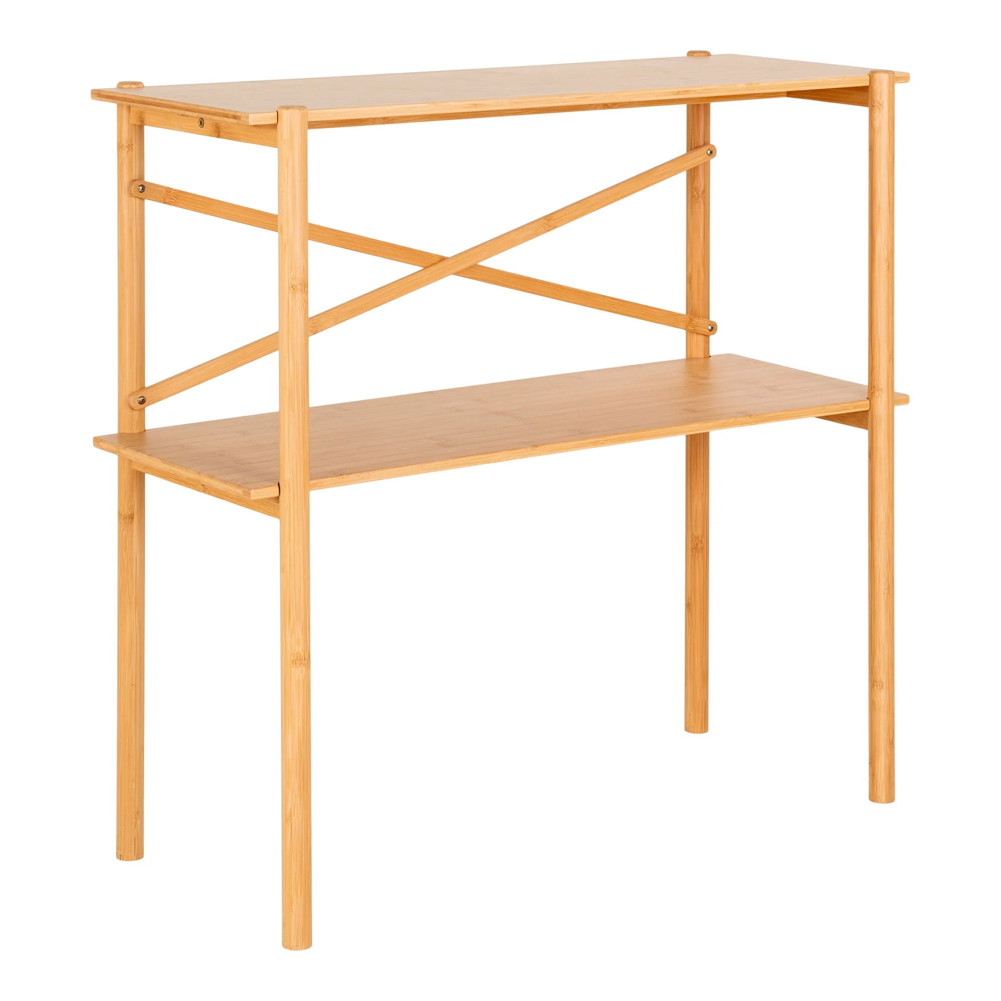Console en bambou naturel clair à deux étages, design minimaliste avec croisillon, 83x32 cm