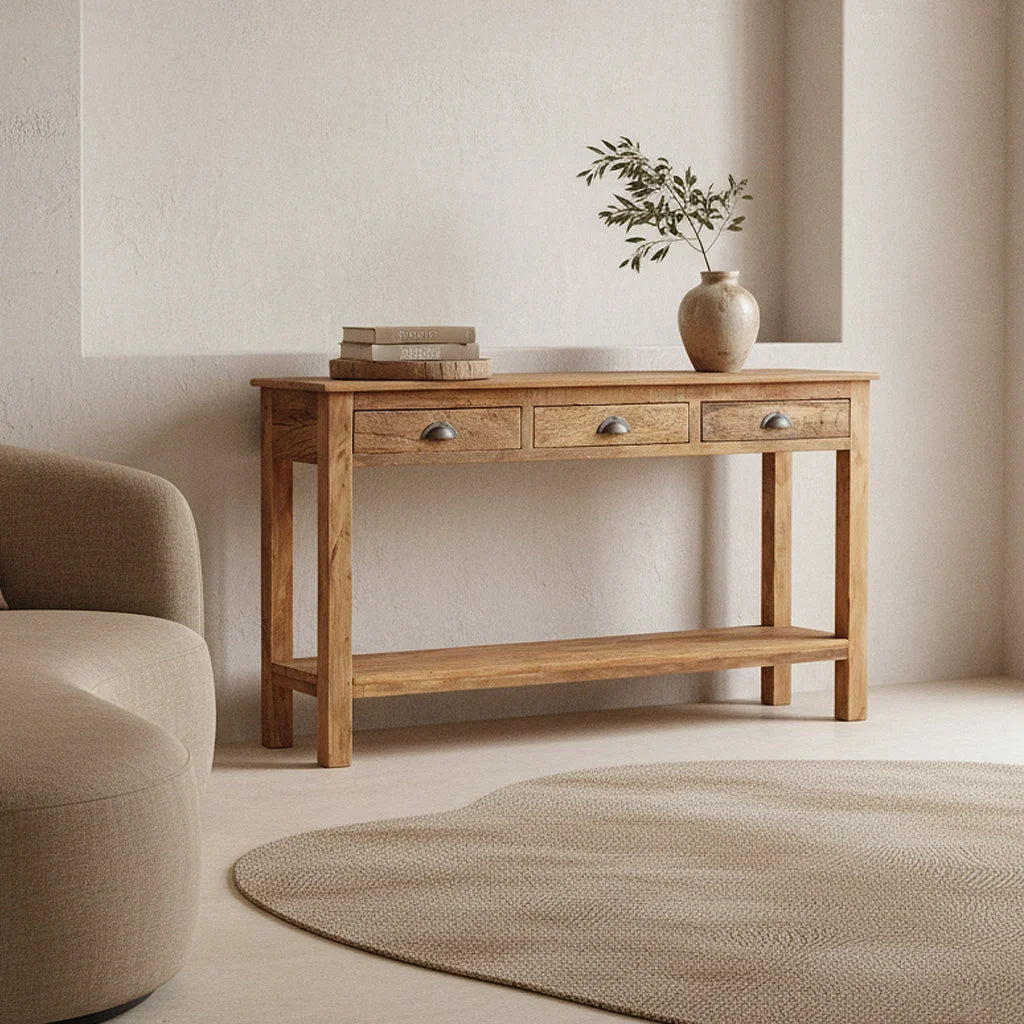 Console en bois massif rustique clair, 3 tiroirs, poignées argentées, 150x38 cm