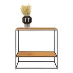 Table console moderne bois clair et métal noir, 2 étagères 80x36 cm avec vase verre noir et fleurs jaunes séchées